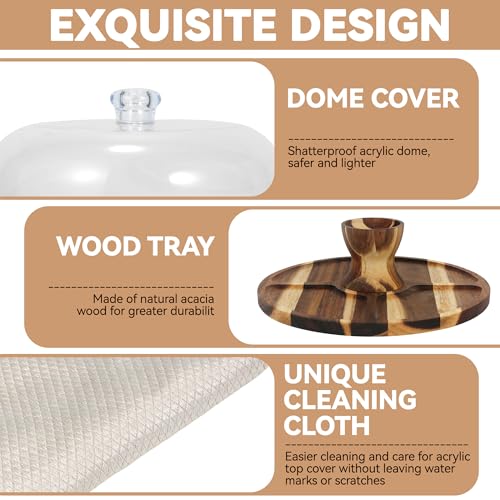 Acacia Wood Cake Stand with Lid – 12" Round Cake Holder & Dessert Stand, 2-in-1 Charcuterie Board & Serving Platter for Cheese, Fruit – Acrylic Dome, Wedding Party Centerpiece
