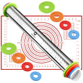 Stainless Steel Rolling Pin & Baking Mat Set with Adjustable Thickness Ring - size: 17-inch Red