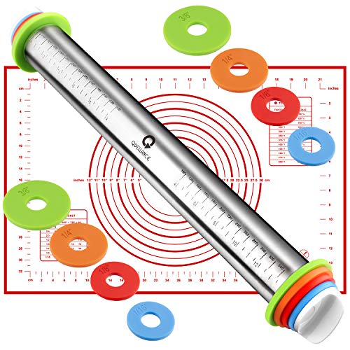 Stainless Steel Rolling Pin & Baking Mat Set with Adjustable Thickness Ring - size: 17-inch Red