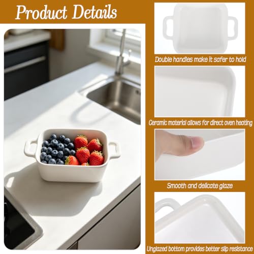 6 Inch Small Baking Dish, 17oz Individual Casserole Dishes with Handles, Deep Non Slip Base Stackable Bowls, Square Ceramic Baking Ramekins for Kitchen, Roasting & Meal Prep, Set of 3