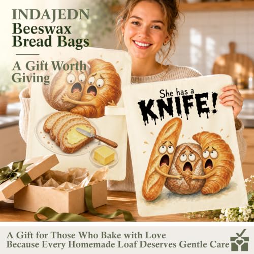 Funny Baking Lover Gifts Beeswax Bread Bags 2 Pack XL 13x17in - color: Funny Bread - She Has a Knife