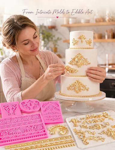 4 Pcs Baroque Style Silicone Molds, 3D Curlicues Scroll Lace Fondant Molds