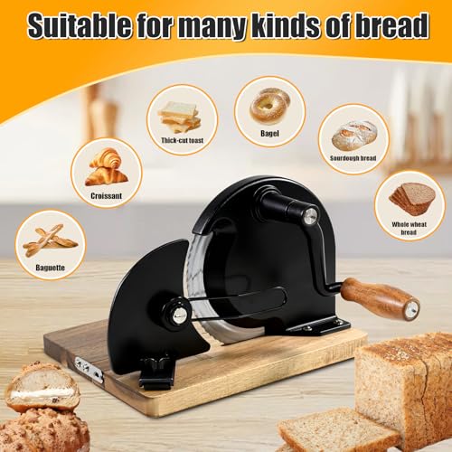 Manual Bread Slicer,Multi-Functional Foldable Hand-Cranked Bread Slicer with Steel Guard Plate and Non-Slip Base Pad Features Adjustable Thickness with Scale Lines for Even slicing Homemade(Black) - color: Black