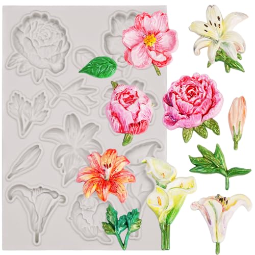 Flower Silicone Mold for Air Dry Clay Plaster Fondant Cake Deco 11-Cavity - color: Flower (Lily Peony Calla) 11-cavity #5591