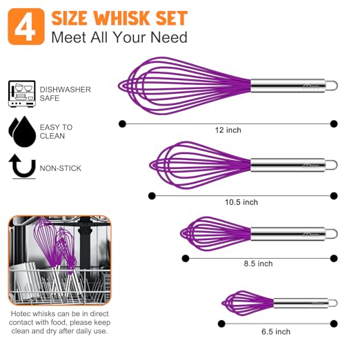 HOTEC 4Pcs Silicone Whisk Set, Wire Balloon Whisks for Cooking Egg Beater - color: Purple,Silver