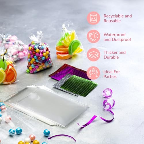 Prestee 200 Pack Clear Cellophane Bags for Favors - Transparent Goodie Bags for Birthday Party, 6x10 Inch Clear Bag with 4-Inch Twist Ties - Candy, Treat, Cookie Bag for Gift Giving - style: Twist Ties