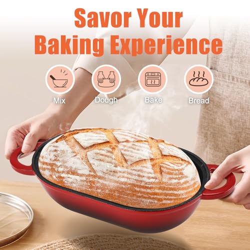5 QT Enameled Cast Iron Sourdough Bread Oven, Loaf Pan with Lid - color: Red, size: 5 QT