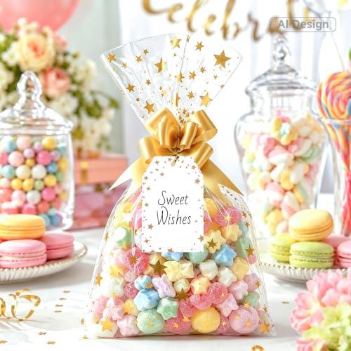 joycraft 50Pcs Star Printed Cellophane Treat Bags,5.9x9.8 in Clear Gift Bag