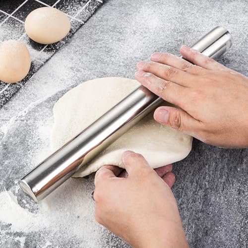 10 Inch Stainless Steel Rolling Pin for Baking - French Smooth Metal Dough Roller for Fondant, Pizza, Pie, Cookie & Pastry, Professional Kitchen Tool