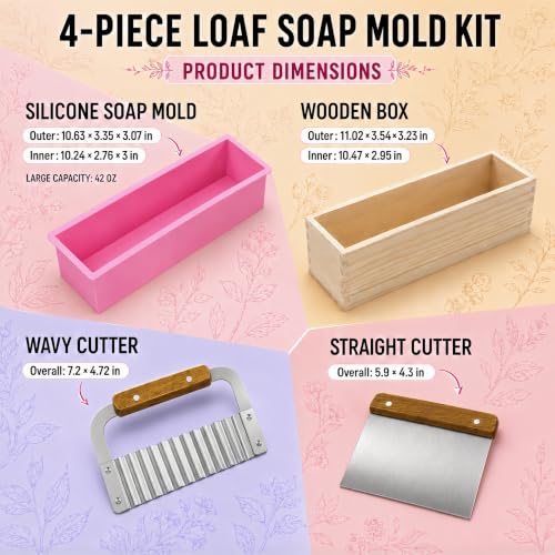 SJ 42 oz Soap Making Kit with Pink Silicone Loaf Mold, Wooden Box & Cutters - color: Pink+Silver / Rectangle