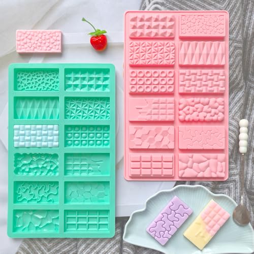 3Pcs Mini Silicone Chocolate Bar Molds, 12 Different Cavities Break Apart Non-stick Chocolate Bar Candy Jello Crayon Gummy Soap Molds 0.39” Thickness Wax Melt Molds for Milk Pistachio Chocolate Bar