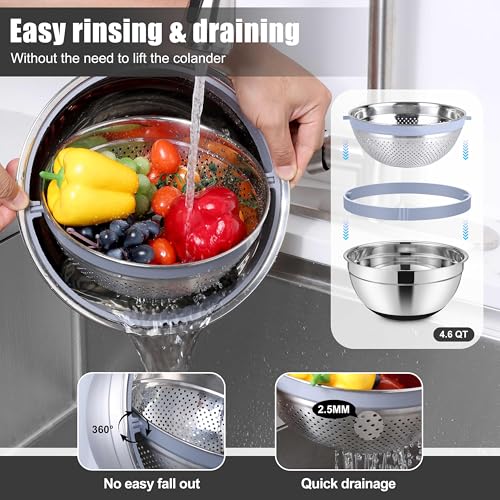 E-far Stainless Steel Mixing Bowls with Lids & Colander, 15PCS - color: Black
