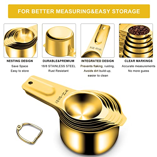 Gold Measuring Cups and Spoons Set of 15, 18/8 Stainless Steel, Includes 7 Nesting Metal Measuring Cups,8 Magnetic Measuring Spoons set - Ideal Kitchen Gadgets for Cooking and Baking Needs