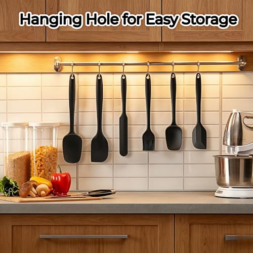 6-Piece Silicone Spatula Set, Heat Resistant Up to 230°C, Non-Scratch Non-Stick Cookware, Seamless One-Piece Design,with Pastry Brush for Baking Cooking Mixing (Black) - color: Black