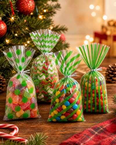 Capesaro 50 Pieces 10.6 x 5.1 In Green Cellophane Treat Bags Candy Gift Bag with Twist Ties Stripes Polka Dot Printed Pattern Goodie Bag for Birthday Weddings Party - color: Green-10.8'' x 5''