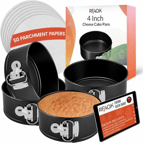 RFAQK 4 Inch Mini Cheesecake Pans Leakproof, 4pcs Small Nonstick Springform Pans with Removable Bottom, Includes 50pcs Parchment Papers, E-Book, Perfect for Baking Mini Cakes, Pizzas, Quiches & More! - size: 4-Inch