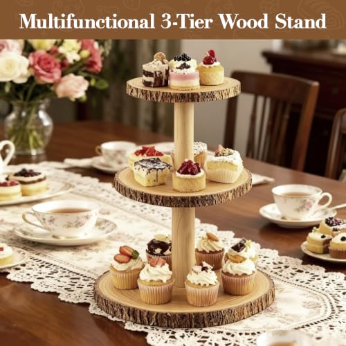 3-Tier Round Wooden Cupcake Stand, Rustic Natural Bark Wood Dessert Display Tower Platter for Wedding, Birthday, Baby Shower, Tea Party & Farmhouse Party Buffet