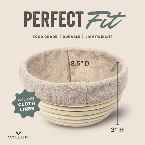 Vollum Banneton Bread Proofing Basket with Liner, Round 8.5" - size: 8.5"D x 3"H, style: Round