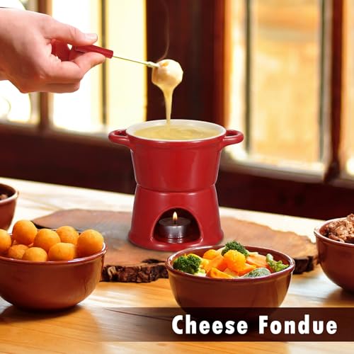 BSTKEY 300ML Ceramic Butter Warmer Set with 2 Forks, Fondue Pot Melting Pot Set, Melt Hot Pot Bowl Set for Cheese Chocolate Butter Caramel (Red) - color: Red