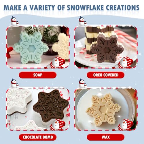 HKNMTT Snowflake Christmas Silicone Mold 12 Cavity for Holiday Soap Chocolate Cocoa Bomb Ice Candy Oreo Covered Jello Xmas Winter Wax, Oven Safe Baking Frozen Food Grade Moulds DIY Candle Craft Set - style: Snowflake 2PCS