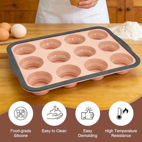 Silicone Muffin Pans for Baking with Metal Frame, 12-Cup Silicone Muffin Pan, BPA-Free Nonstick Coating, Easy Release & Clean, Oven & Dishwasher Safe ,Versatile for Baking, Custards & Cupcakes(Pink) - size: 12-Cup
