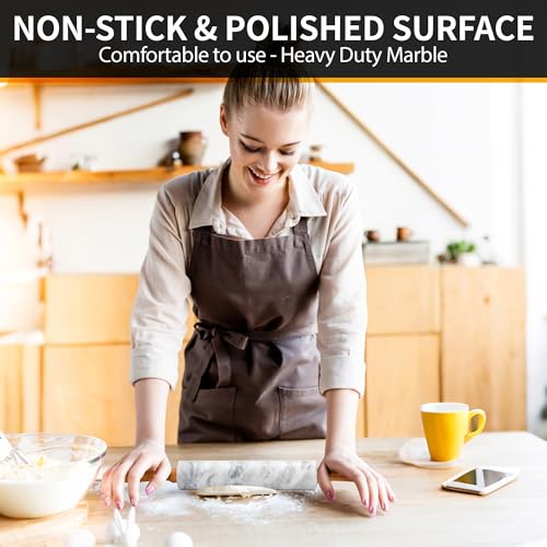 16.7 Inches Marble Rolling Pin for Baking with Wooden Handles & Wooden Cradle - Rolling Pin for making Pizza Dough & Tortillas, Dough Roller for Pasta, Cookie, Pie Crust and More!