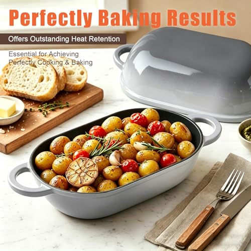 2.5 QT Enameled Cast Iron Sourdough Bread Oven, Loaf Pan with Lid - color: Light Gray, size: 2.5 QT