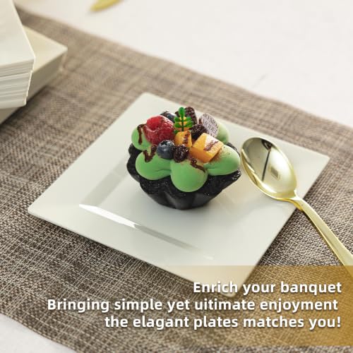 100 Pack Ivory Plastic Square Dessert Plates, 6.5" Disposable Salad Plates - color: Ivory