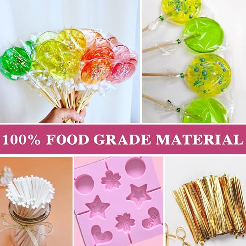 8 Capacity Silicone Lollipop Molds,Hard Candy Chocolate Sucker Mold with 2pcs 3.15 inch Lollypop Sucker Sticks,Candy Treat Bags,Gold Ties - color: 2p