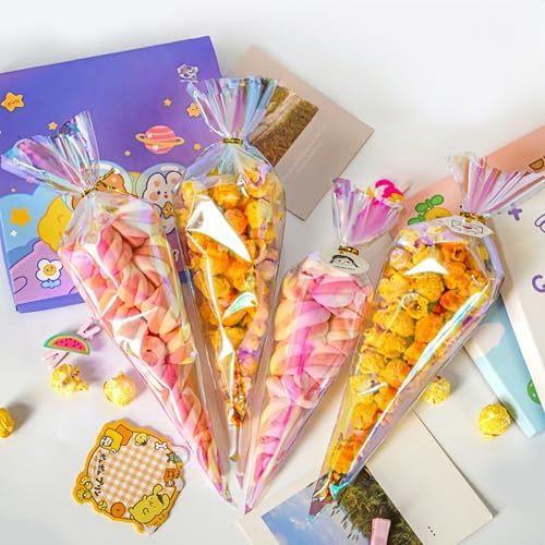 MITOB 50 Pack Cone Shaped Clear Cellophane Treat Bags with Twist Ties - size: 7.3x12 inch (Cone Shaped)