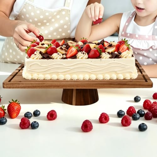 17" Acacia Wood Cake Stand with Lid, Rectangle Cake Stand,