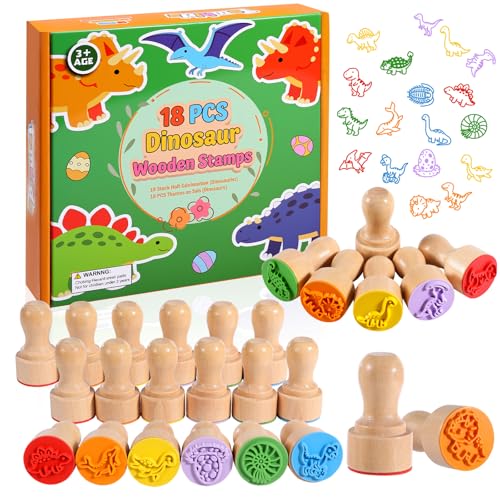 Wooden Dinosaur Stamp Set for Kids, 18 Pcs Dino Stamps Art Projects Supplies Classroom Rewards Birthday Gift Party Favors Carnival Prizes for Boys Girls