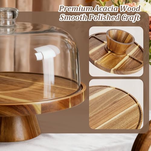 VALESKA Acacia Wood Cake Stand with Dome Lid, 2-in-1 Dessert Table Display Set & Charcuterie Board with 12In Acrylic Lid, Serving Platter, Fruit Platter, Cake Plate - color: Wood
