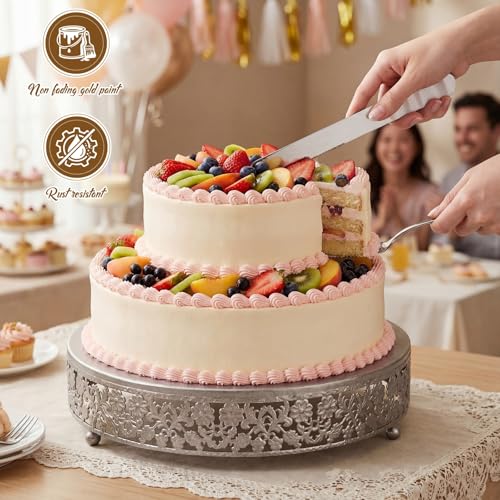 Wenqik 12 Inch Silver Cake Stand Set Metal Round Cupcake Dessert Stand with Cake Cutting, Flower Spatula Wedding Cupcake Pastry Display Candy Holder Display for Wedding Party Birthday Baby Shower - color: Silver, size: 12 Inch