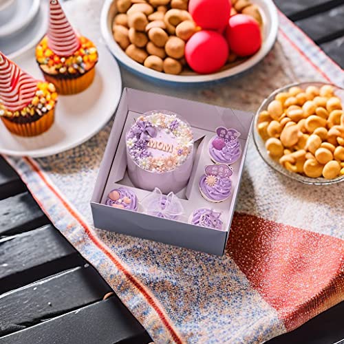 STVIRPOW 5-Pack Cupcake Box Combo with Full Clear Lid and 1.2 wide ribbon1 Small Cake and 5 Cupcakes Storage Container, Ribbon and Stickers for Birthday Party, Mother's Day(Pink ribbon)