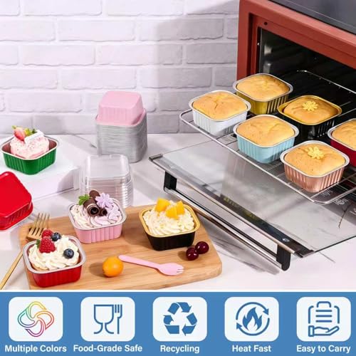 50 Pack Mini Cake Pans With Lids And Spoons,5oz Square Cake Tins - color: Gold