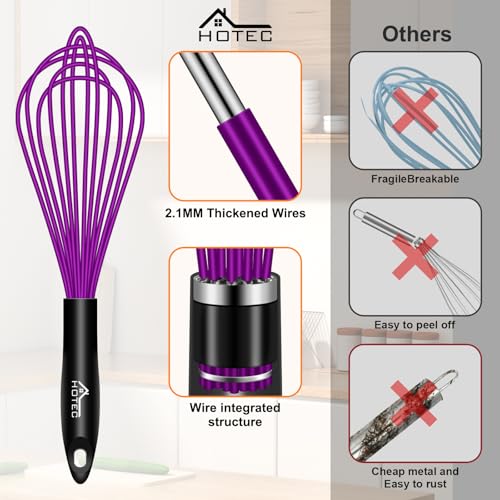 HOTEC 4Pcs Silicone Whisk Set, Wire Balloon Whisks for Cooking Egg Beater - color: Purple