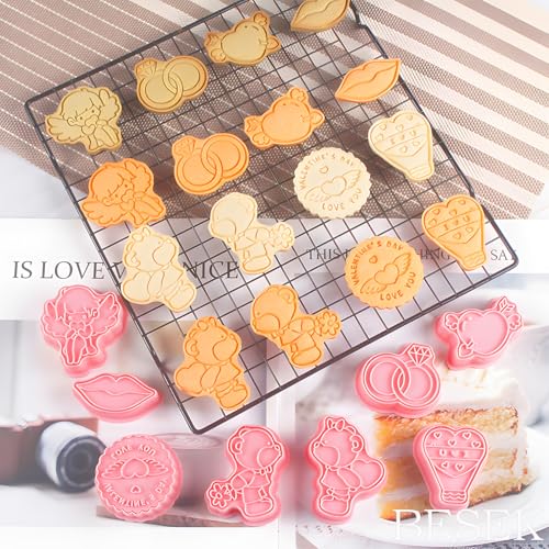 BESEK Valentine's Day Cookie Cutters: With Plunger Stamps Set, 8pcs 3D Embossing Cutters For Biscuit Fondant Cheese Baking Molds - color: Love