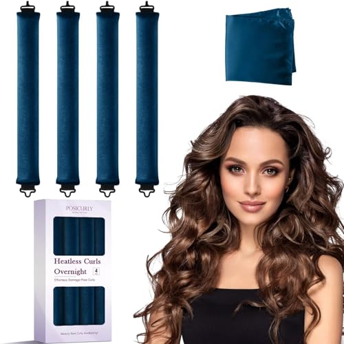 Heatless Curls Overnight Hair Curlers - 4 Pcs No-Heat Curling Rod to Sleep In,Velvet Hair Rollers with Satin Wrap - color: Navy Blue(Pack of 4)