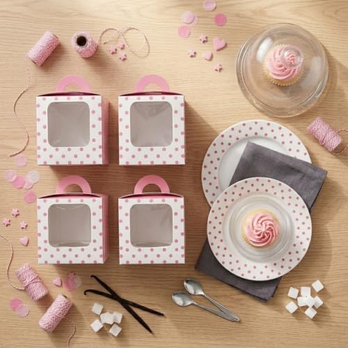 Pink Polka Dot Cupcake Boxes with Window and Handles, 24 Count