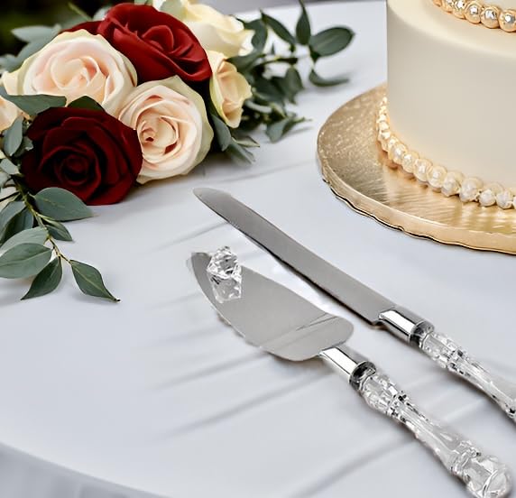 Adorox Elegant Cake Knife and Server Set - Stainless Steel with Crystal Handle - Perfect for Weddings & Anniversaries,and Special Celebrations (Sliver)