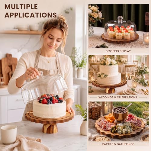 Acacia Wood Cake Stand with Acrylic Lid 12" 6-in-1 Round