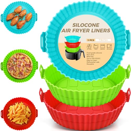 Buauty 3 Pack Air Fryer Silicone Liners 8inch Air Fryer Silicone Pot Reusable Food Grade Silicone Airfryer Liners Baking Basket Accessories Replacement of Flammable Disposable Parchment Paper - color: 8" Round: Blue+Green+Red