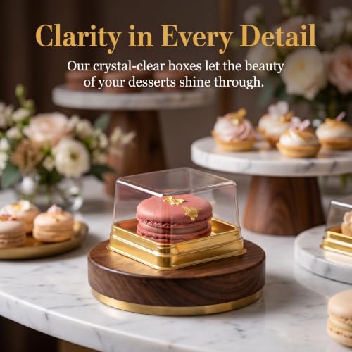 DOITOOL Clear Plastic Mini Cake Box 100 Pack Square Mini Cupcake Containers Mooncake Boxes Muffin Pod Dome Muffin Single Container for Wedding Birthday Supplies (Golden)