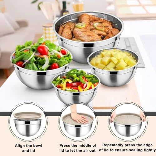 Khaki Stainless Steel Mixing Bowls with Lids Set, 6pcs - color: Khaki 6 Size