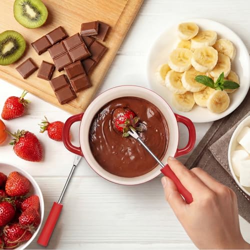 BSTKEY 300ML Ceramic Butter Warmer Set with 2 Forks, Fondue Pot Melting Pot Set, Melt Hot Pot Bowl Set for Cheese Chocolate Butter Caramel (Red) - color: Red