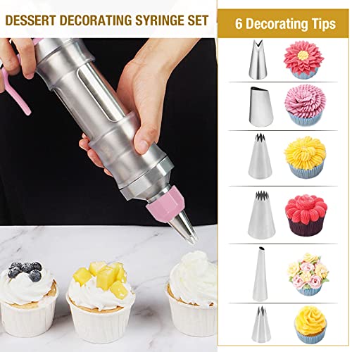 Dessert Decorating Syringe Set, Stainless Steel Frosting Piping Kit - color: Pink
