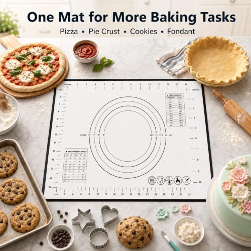 Silicone Pastry Mat for Rolling Dough Non Slip, 2-Pack Non-Stick Dough Rolling Mat with Measurements, Heat Resistant Baking Mat for Making Pie Crusts, Sourdough Bread, Cookies