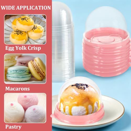 WOPPLXY 300 Pcs Clear Plastic Mini Cupcake Boxes, Mini Cake Containers, Clear Plastic Small Cake Boxes with Dome Lid, Individual Cupcake Container for Cheese Pastry Dessert Mooncake（Pink）