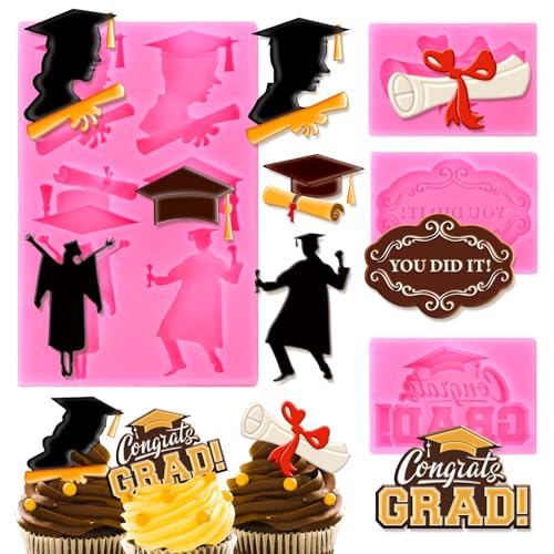 Whaline 4Pcs 2026 Graduation Fondant Molds Grad Cap Diploma Cheering Silicone Molds Congrats Grad Chocolate Candy Mould for Kitchen Baking Party Crafts Decor - style: Graduation